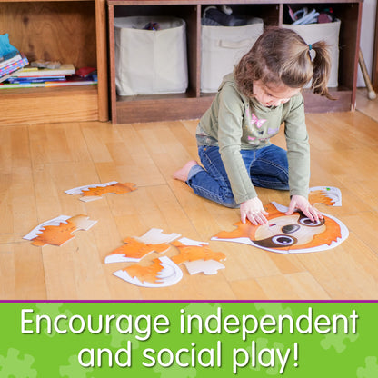Infographic with little girl assembling My First Big Puzzle - Sleepy Sloth that says, "Encourage independent and social play!"