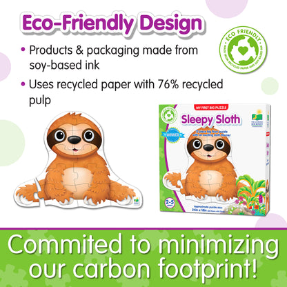 Infographic about My First Big Puzzle - Sleepy Sloth's eco-friendly design that says, "Committed to minimizing our carbon footprint!"