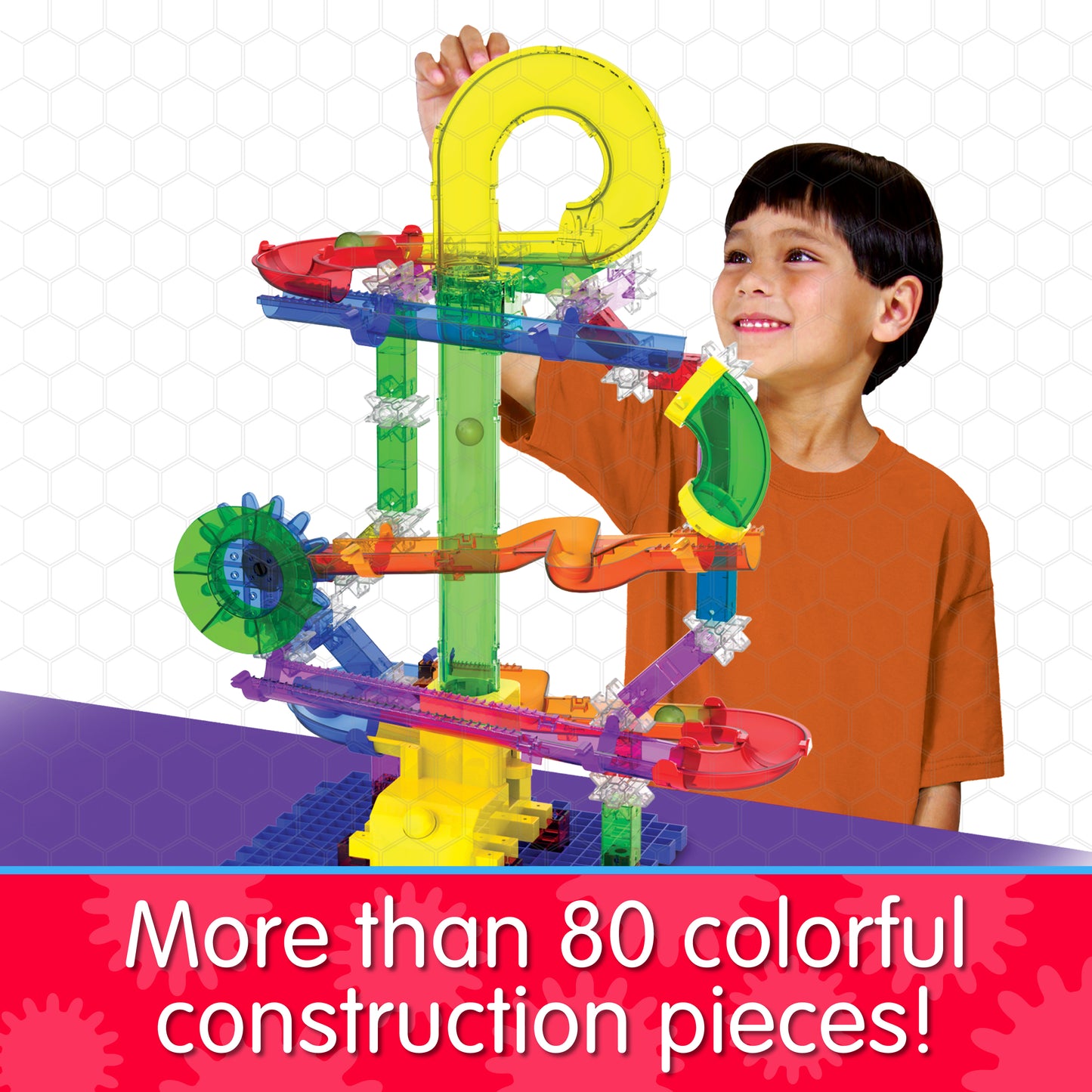 Infographic about Slingshot 3.0 that says, "More than 80 colorful construction pieces!"