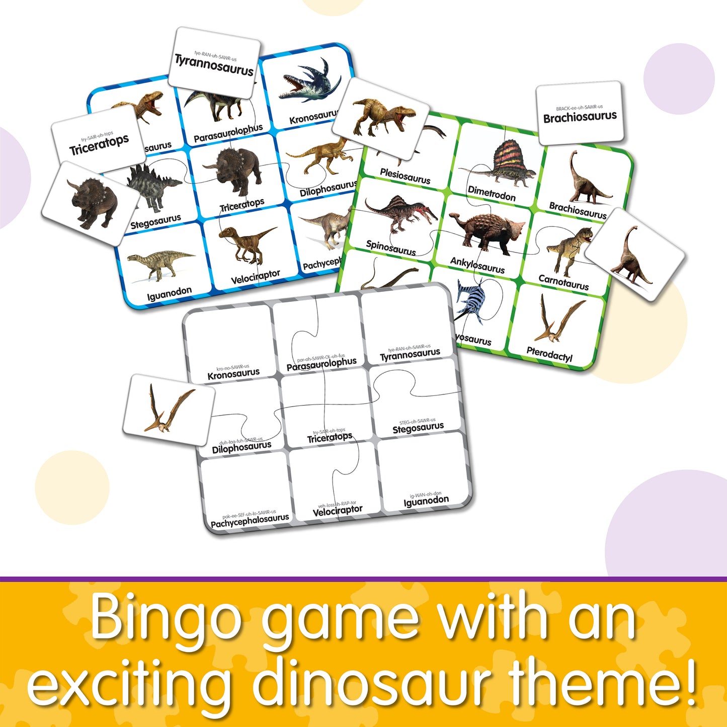 Infographic about Match It - Dinosaur Bingo that says, "Bingo game with an exciting dinosaur theme!"