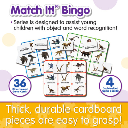 Infographic about Match It - Dinosaur Bingo's features that says, "Thick, durable cardboard pieces are easy to grasp!"