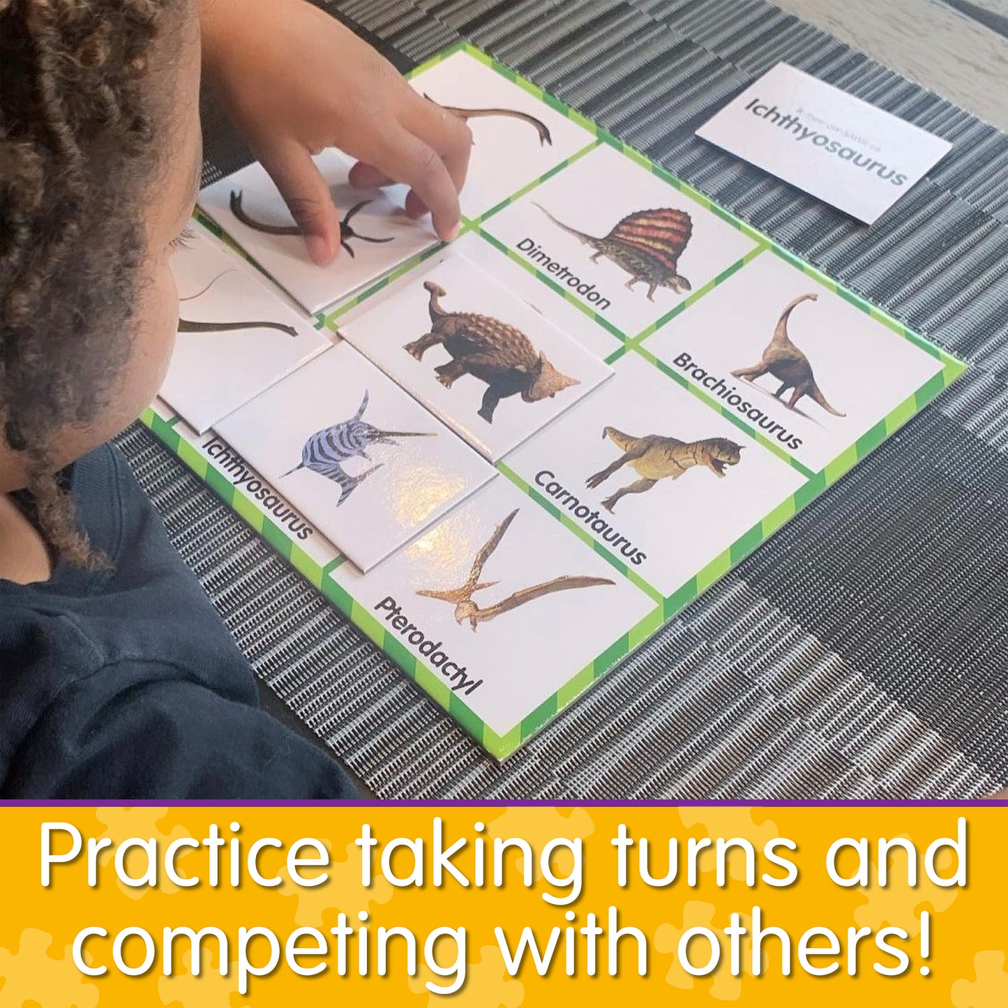 Infographic of young boy playing Match It - Dinosaur Bingo that says, "Practice taking turns and competing with others!"