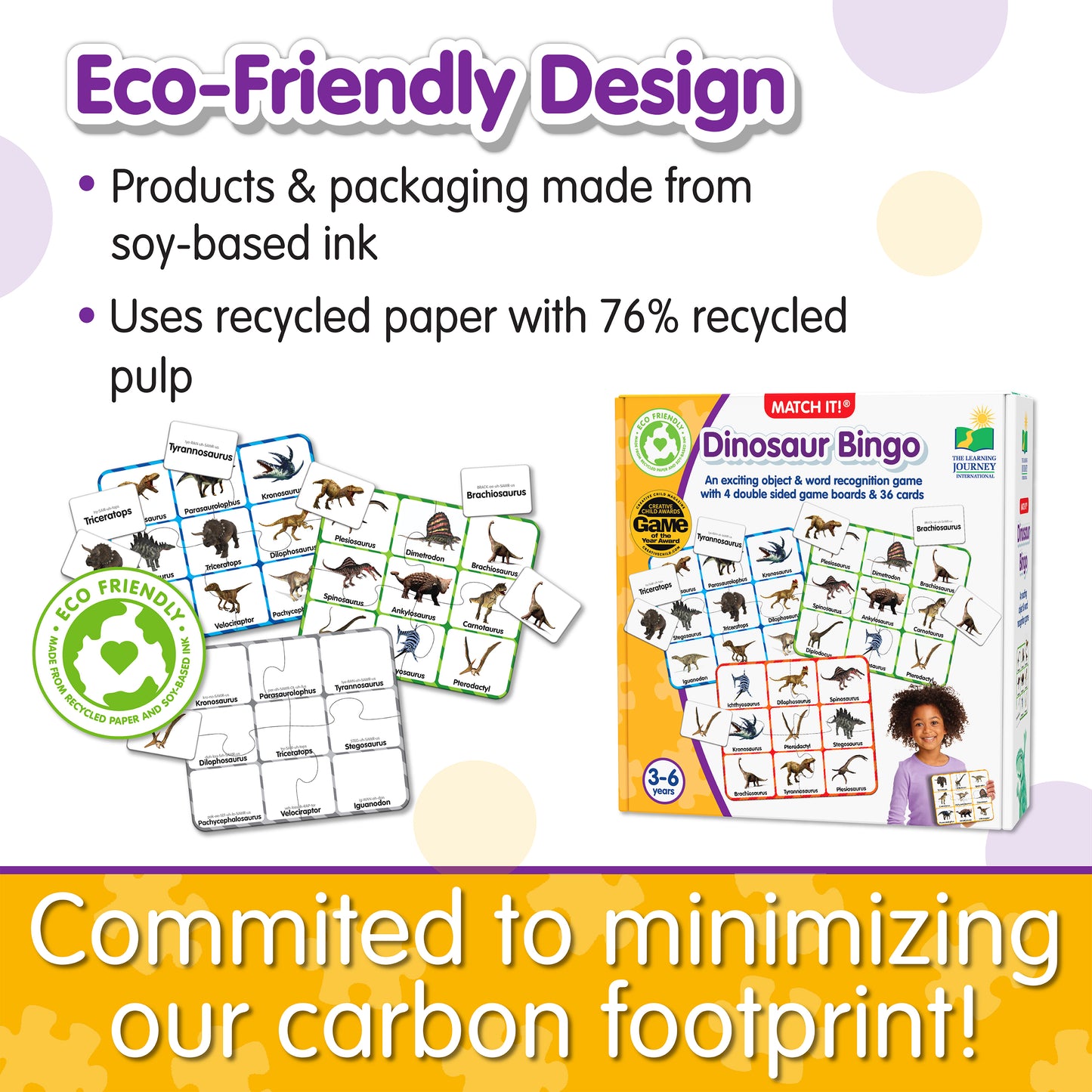 Infographic about Match It - Dinosaur Bingo's eco-friendly design that says, "Committed to minimizing our carbon footprint!"