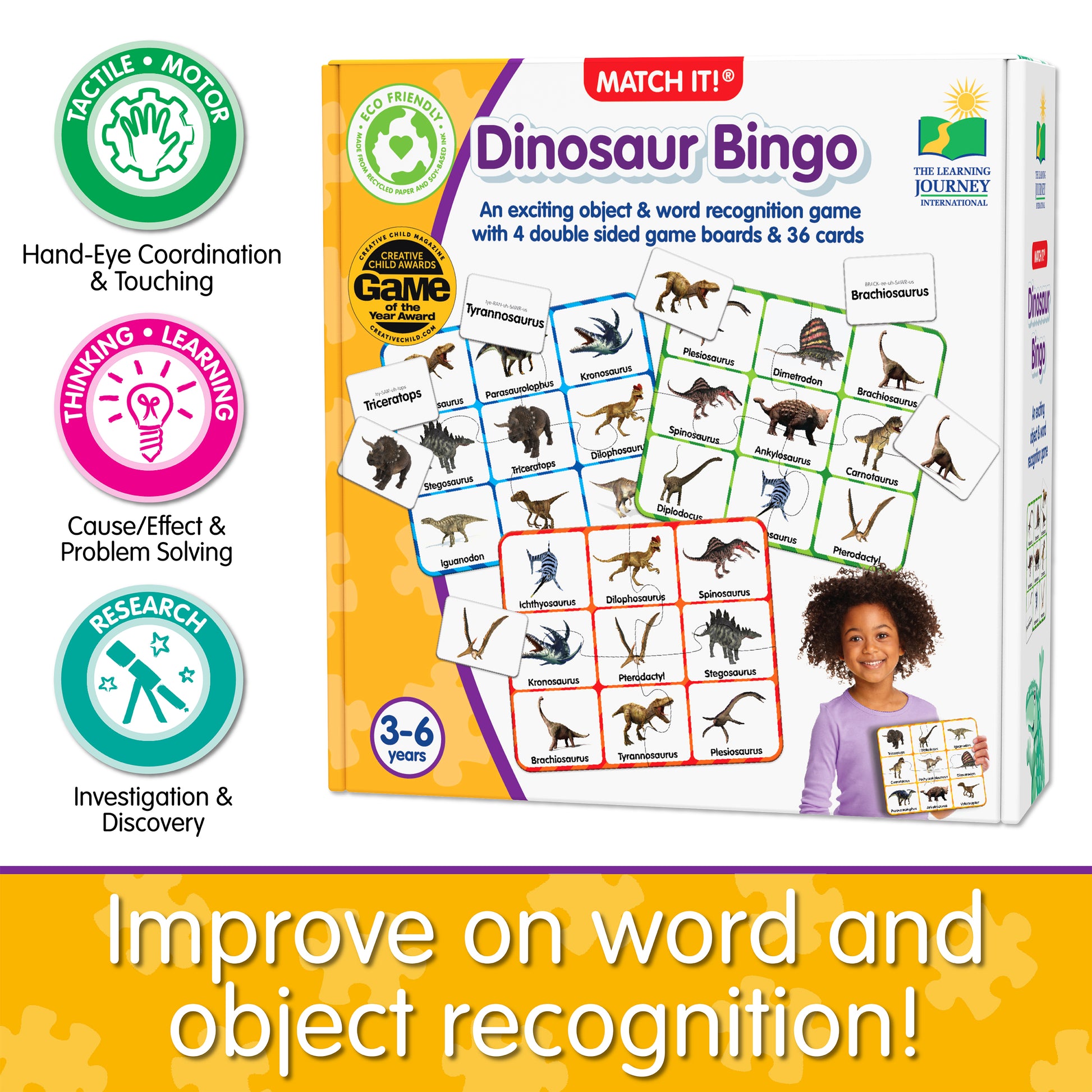 Infographic about Match It - Dinosaur Bingo's educational benefits that says, "Improve on word and object recognition!"