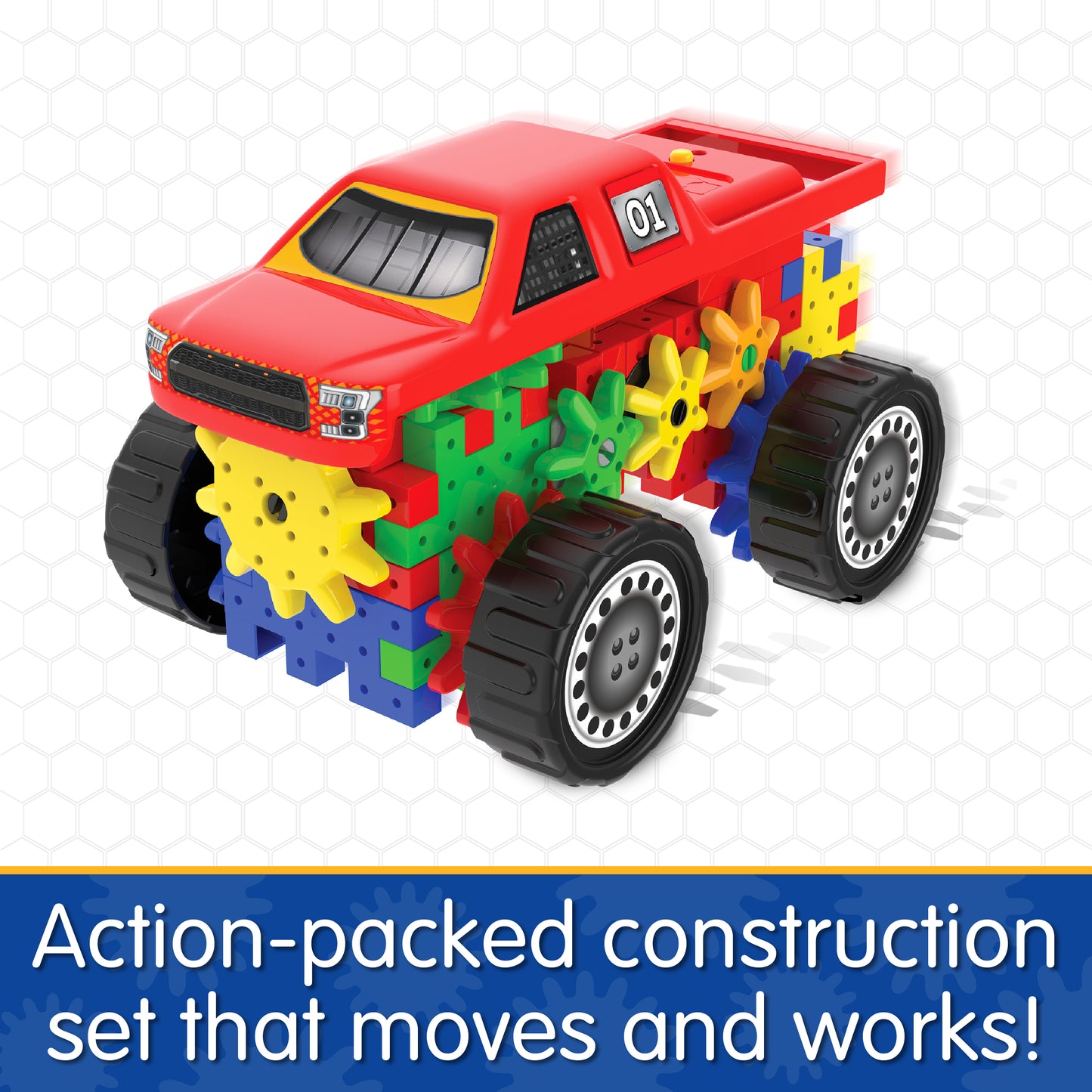 Infographic about Monster Truck 2.0 that says, "Action-packed construction set that moves and works!"