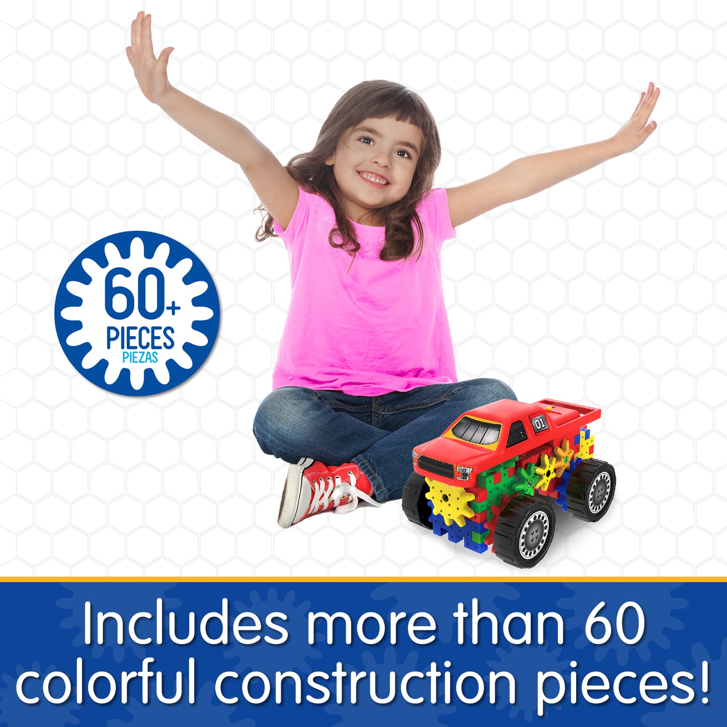 Infographic about Monster Truck 2.0 that says, "Includes more than 60 colorful construction pieces!"