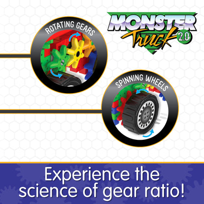 Infographic about Monster Truck 2.0's features that says, "Experience the science of gear ratio!"