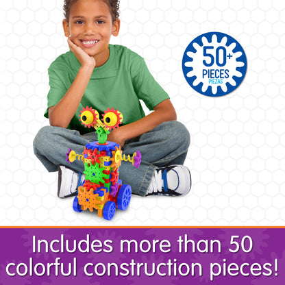 Infographic about Dizzy Droid 2.0 that says, "Includes more than 50 colorful construction pieces!"