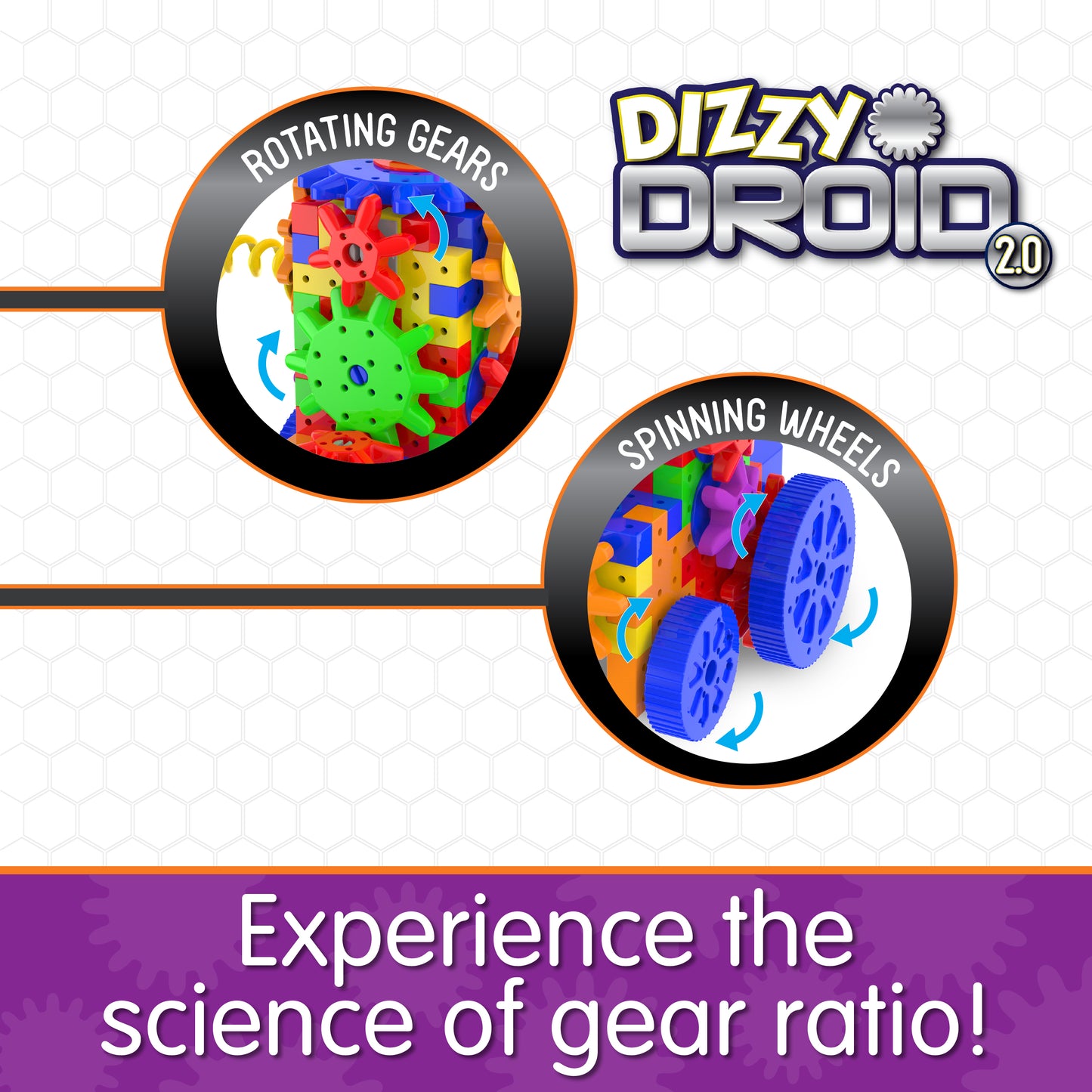 Infographic about Dizzy Droid 2.0's features that says, "Experience the science of gear ratio!"