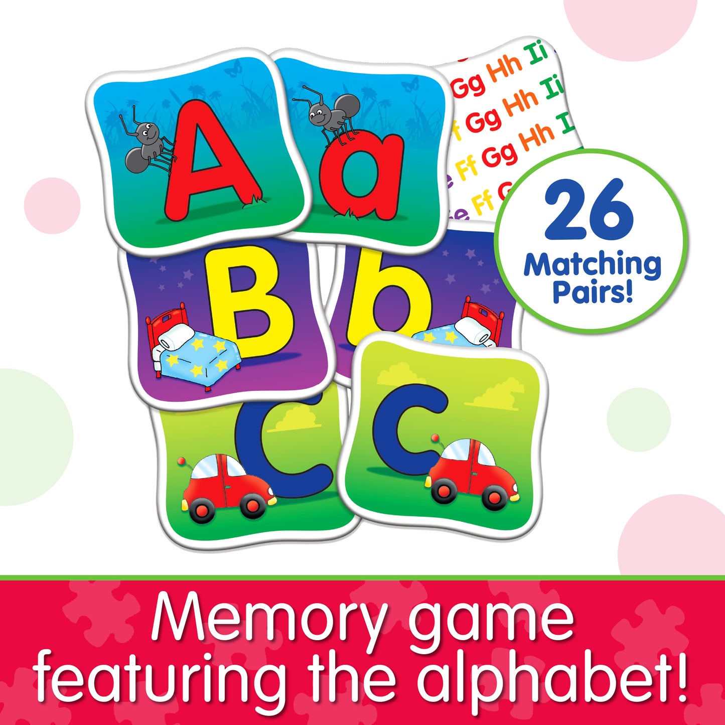 Infographic about Match It - Alphabet Memory that says, "Memory game featuring the alphabet!"