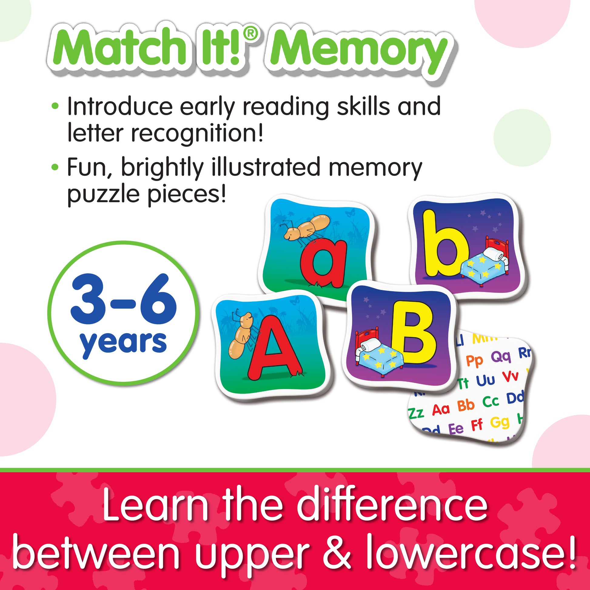 Infographic about Match It - Alphabet Memory's features that says, "Learn the difference between upper and lowercase!"