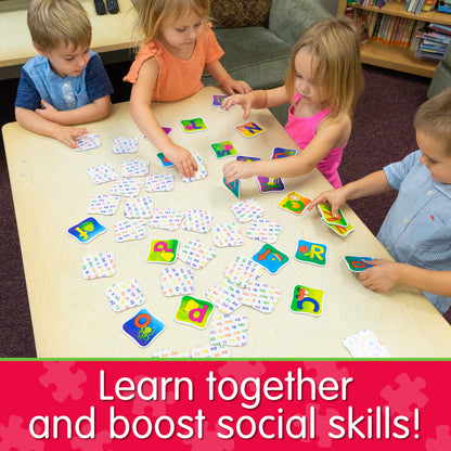 Infographic of four young kids playing Match It - Alphabet Memory that says, "Learn together and boost social skills!"