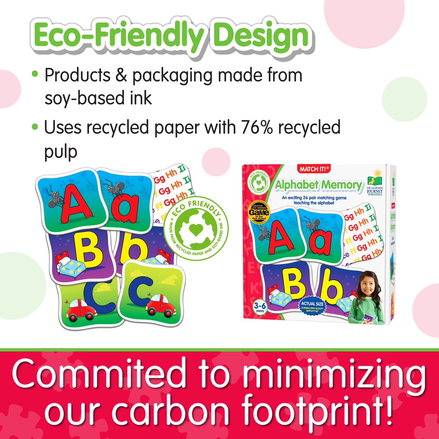 Infographic about Match It - Alphabet Memory's eco-friendly design that says, "Committed to minimizing our carbon footprint!"
