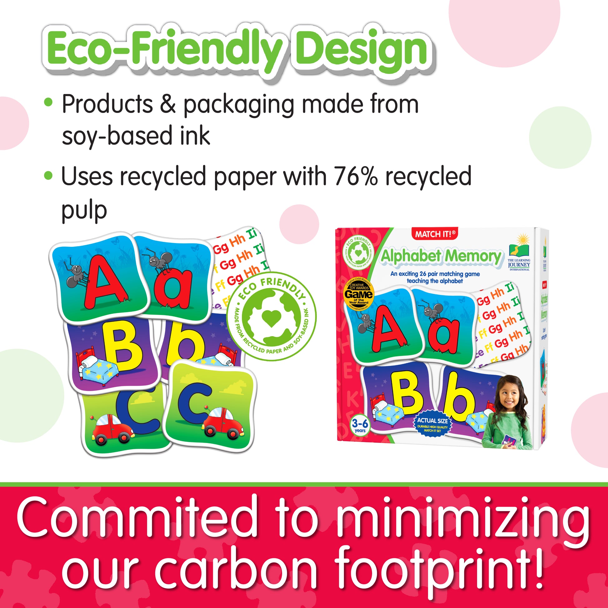 Infographic about Match It - Alphabet Memory's eco-friendly design that says, "Committed to minimizing our carbon footprint!"