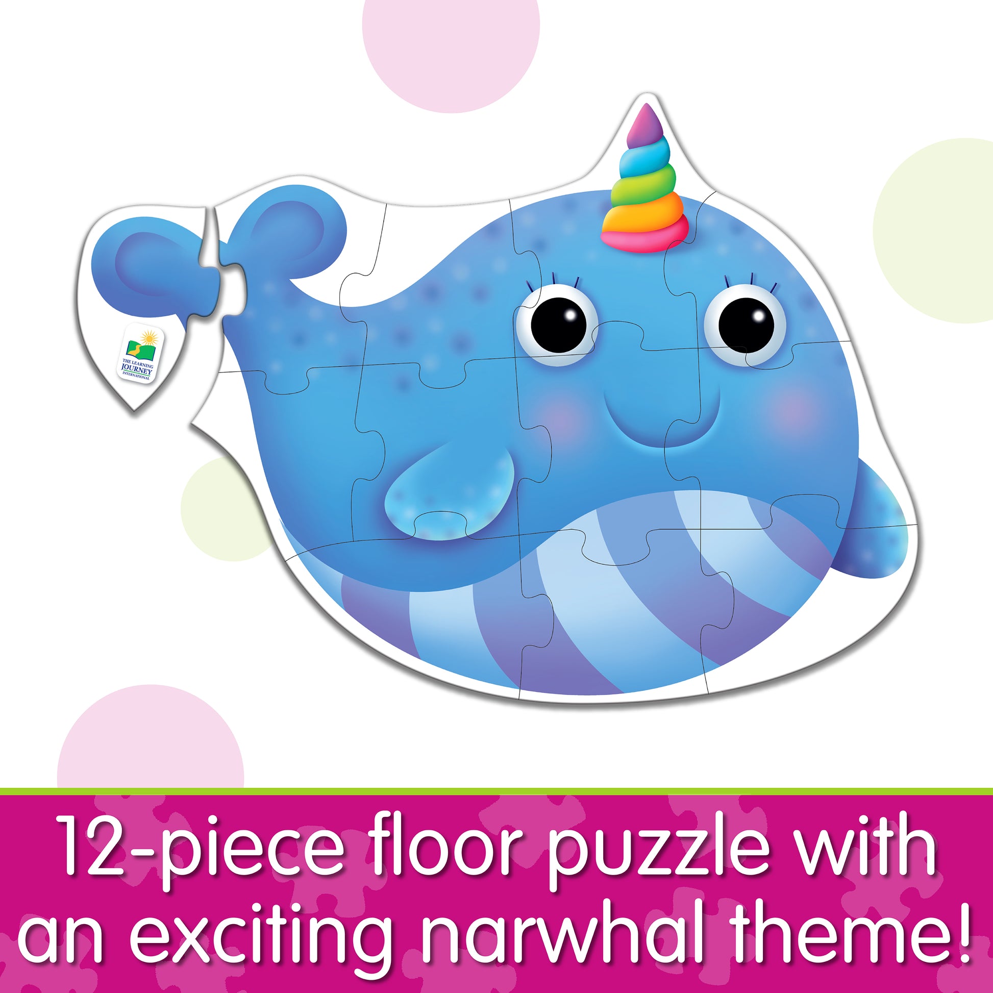 Infographic about My First Big Puzzle - Nosy Narwhal that says, "12-piece floor puzzle with an exciting narwhal theme!"
