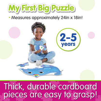 Infographic about My First Big Puzzle - Nosy Narwhal's features that says, "Thick, durable cardboard pieces are easy to grasp!"