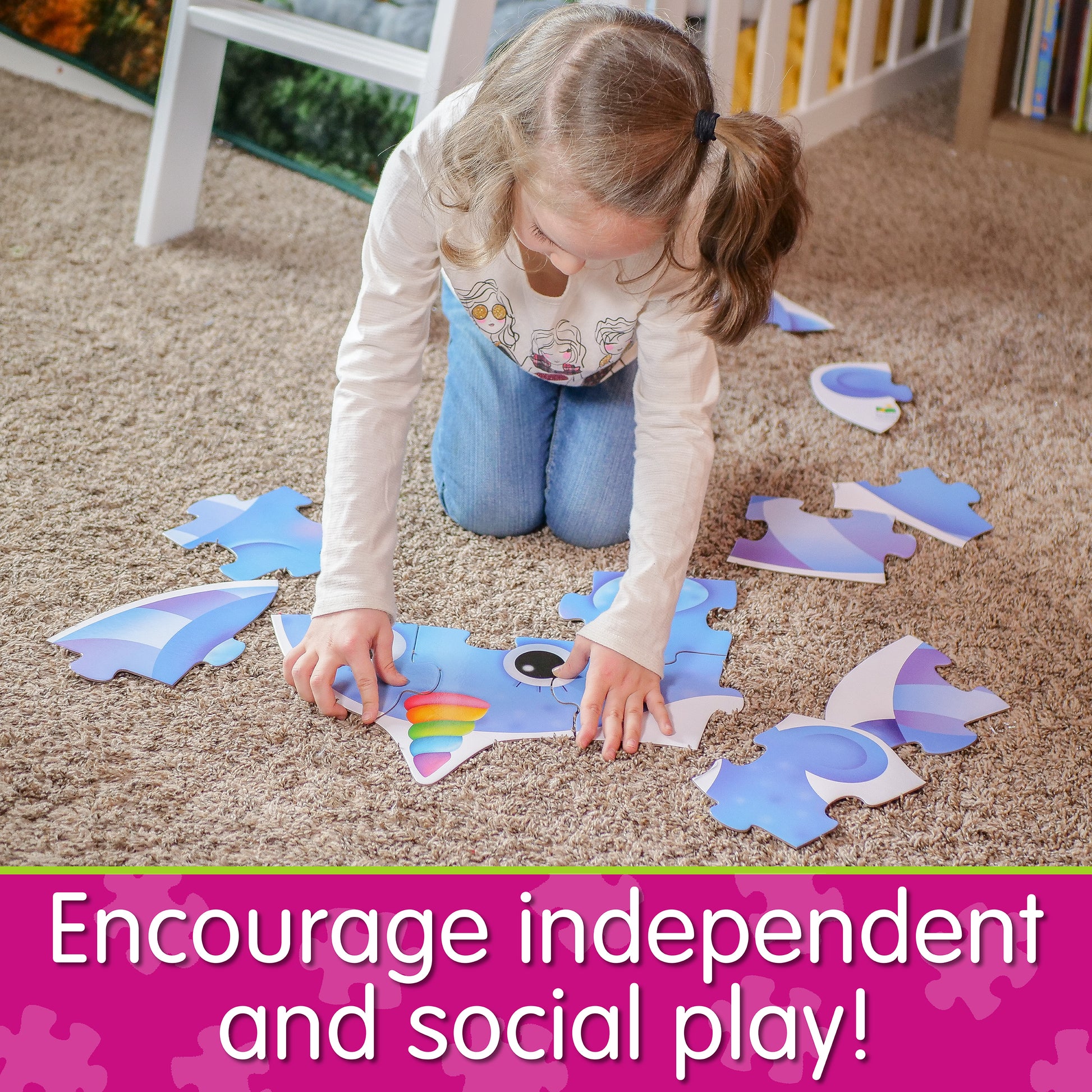 Infographic with little girl assembling My First Big Puzzle - Nosy Narwhal that says, "Encourage independent and social play!"