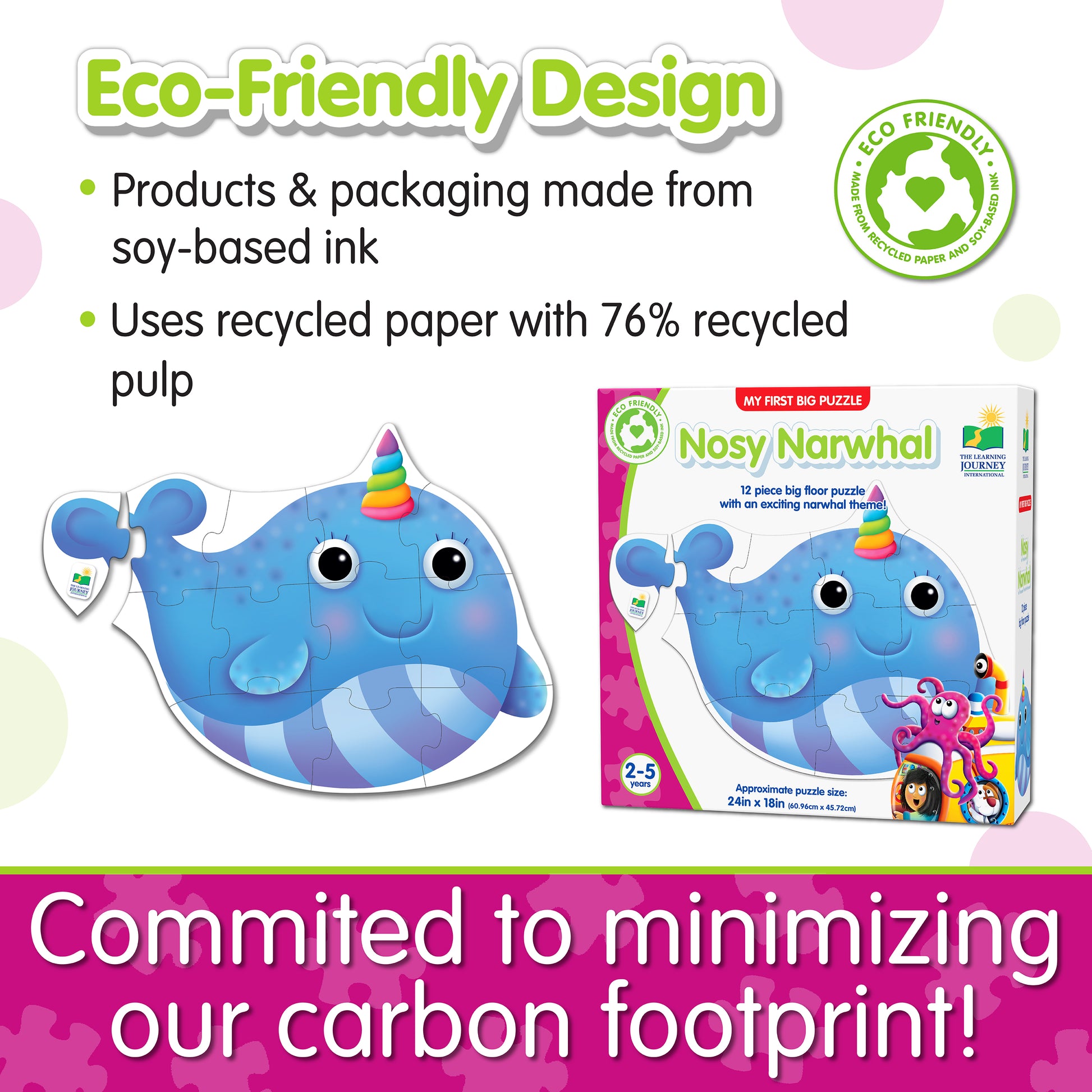 Infographic about My First Big Puzzle - Nosy Narwhal's eco-friendly design that says, "Committed to minimizing our carbon footprint!"