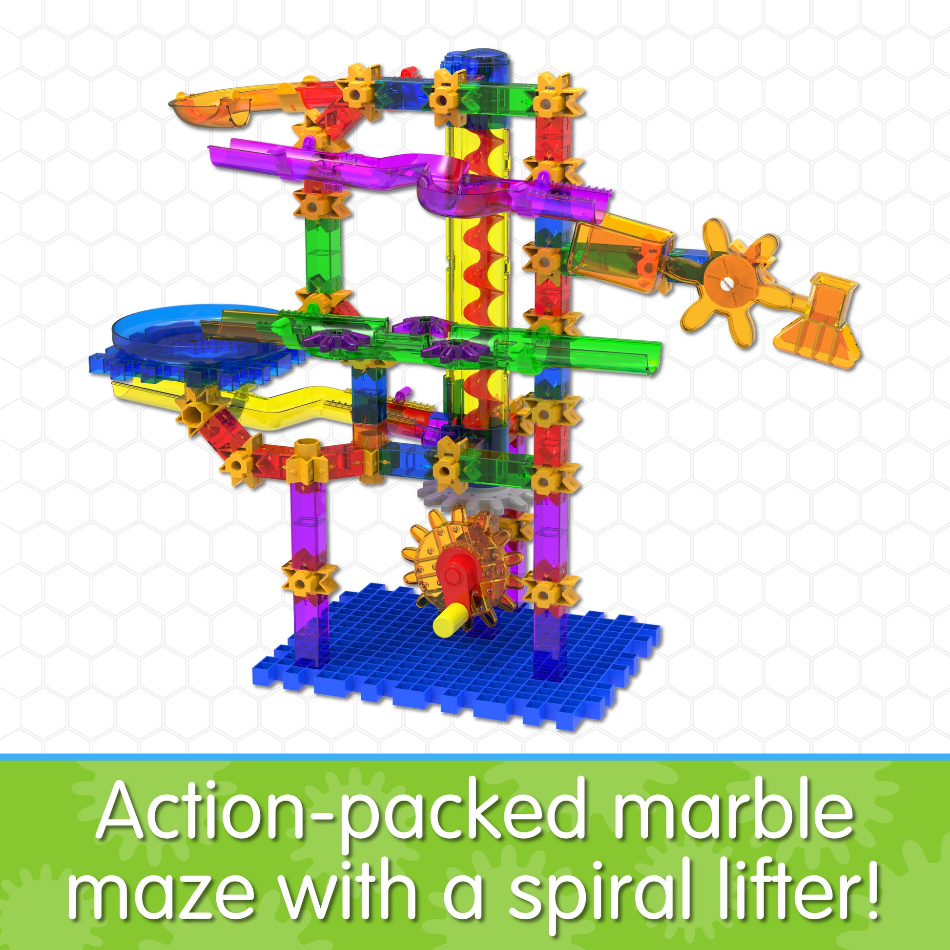 Infographic about Twister that says, "Action-packed marble maze with a spiral lifter!"