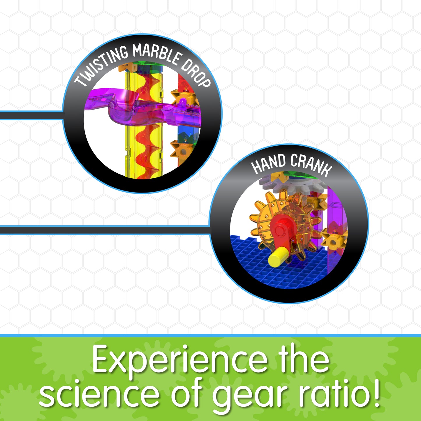 Infographic about Twister's features that says, "Experience the science of gear ratio!"