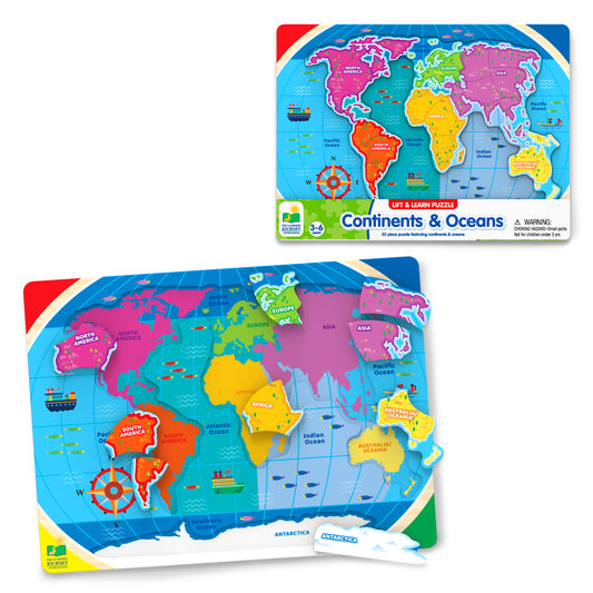 Lift and Learn Continents and Oceans Puzzle product and packaging.
