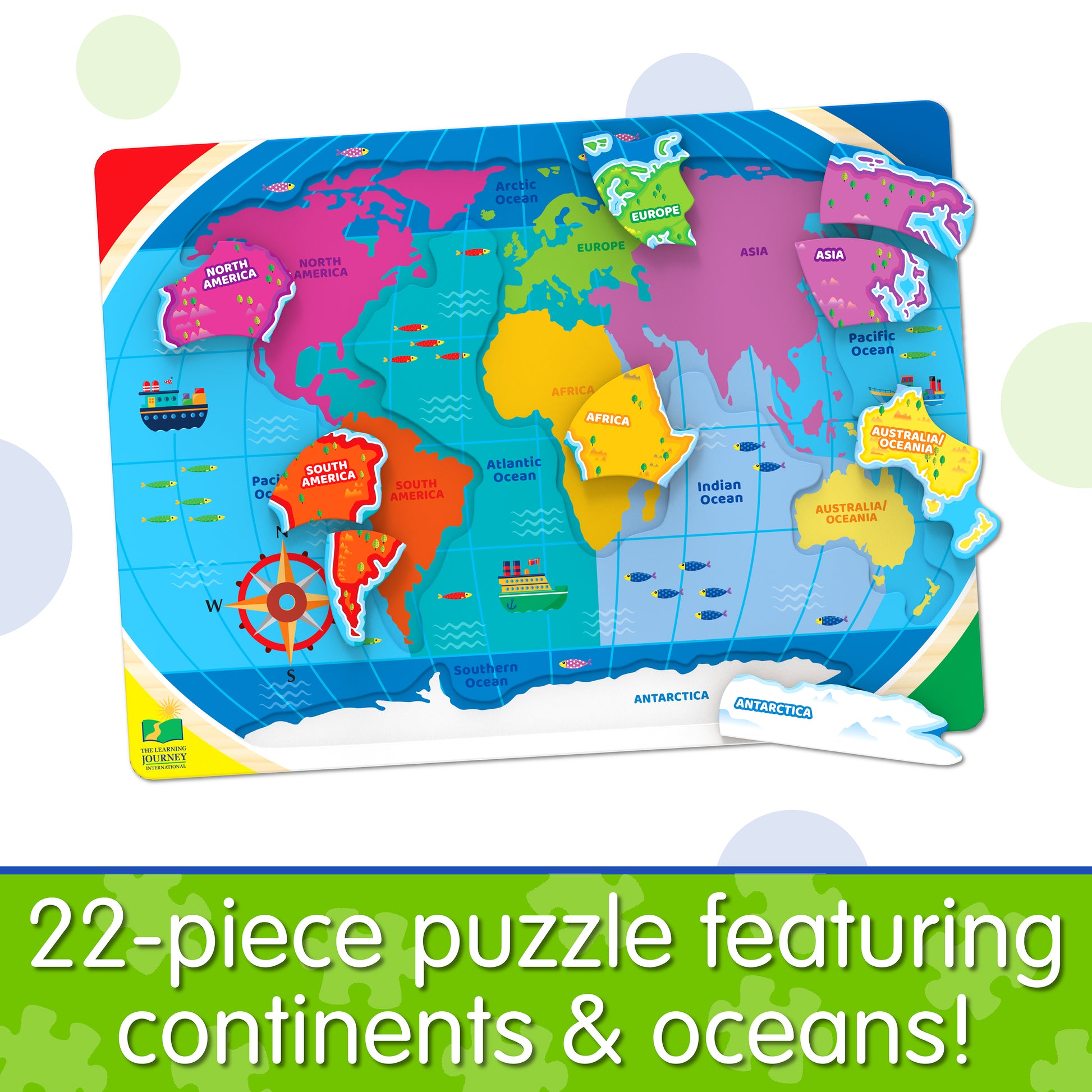 Infographic of Lift and Learn Continents and Oceans Puzzle that reads, "22-piece puzzle featuring continents and oceans!"