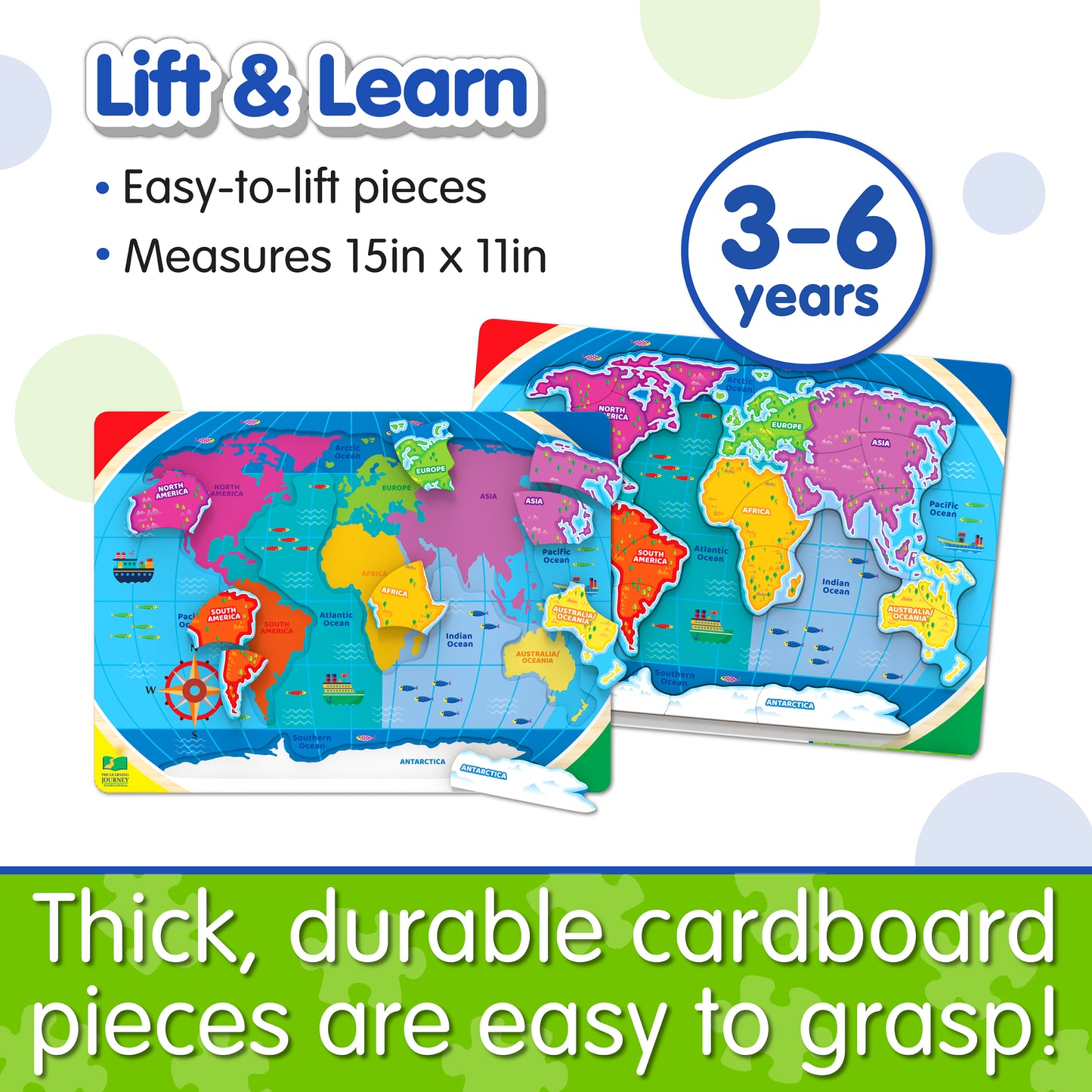Infographic of Lift and Learn Continents and Oceans Puzzle's features that reads, "Thick, durable cardboard pieces are easy to grasp!"