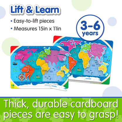 Infographic of Lift and Learn Continents and Oceans Puzzle's features that reads, "Thick, durable cardboard pieces are easy to grasp!"