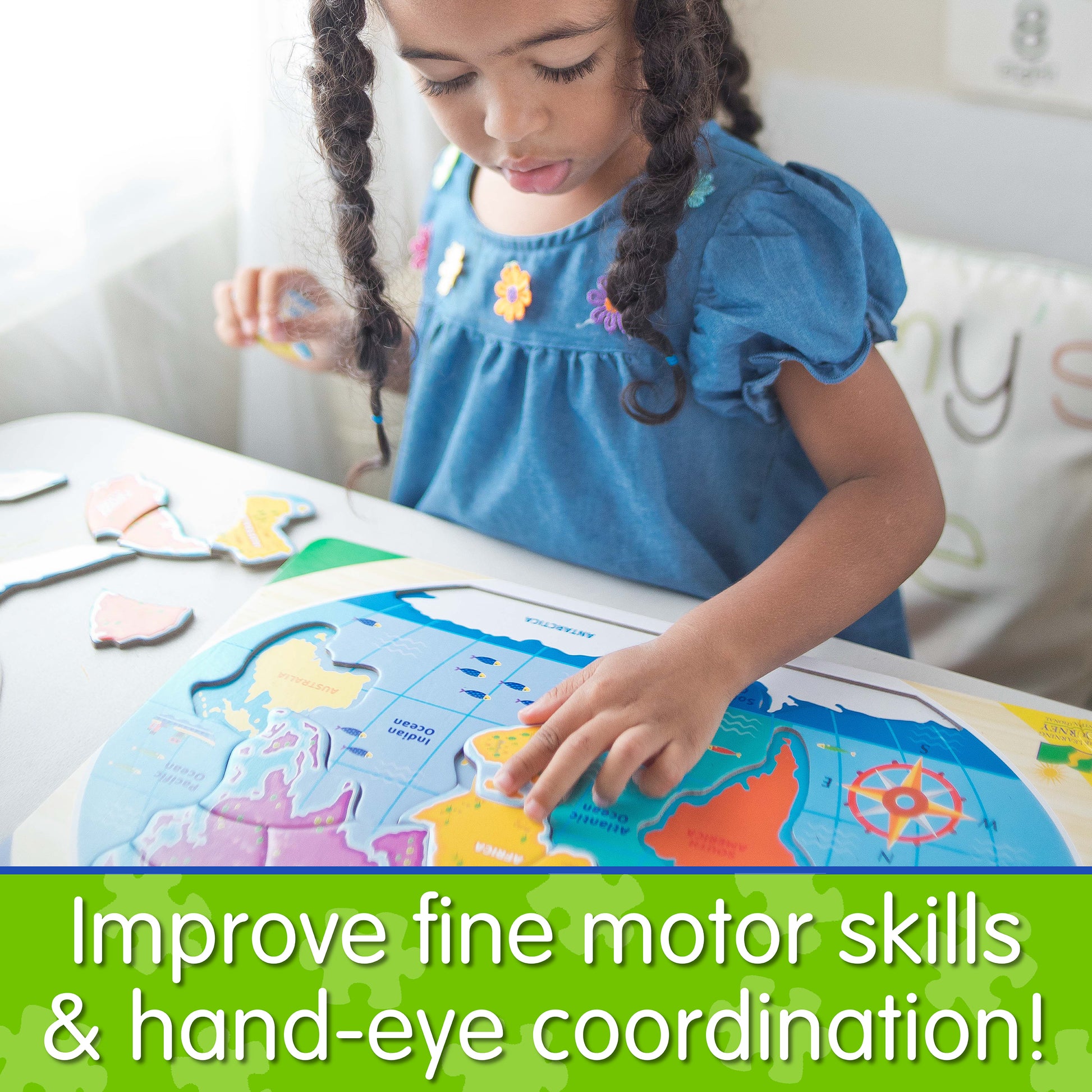 Infographic of young girl playing with Lift and Learn Continents and Oceans Puzzle that reads, "Improve fine motor skills and hand-eye coordination!"
