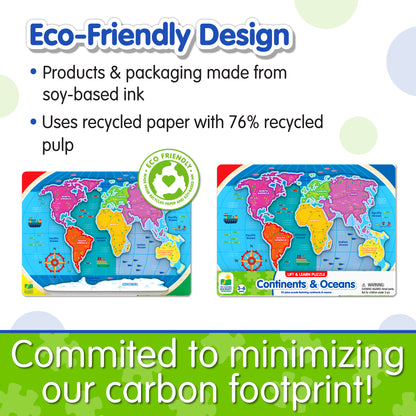 Infographic of Lift and Learn Continents and Oceans Puzzle's eco-friendly design that reads, "Committed to minimizing our carbon footprint!"