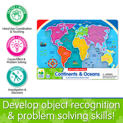 Infographic of Lift and Learn Continents and Oceans Puzzle's educational benefits that reads, "Develop object recognition and problem solving skills!"