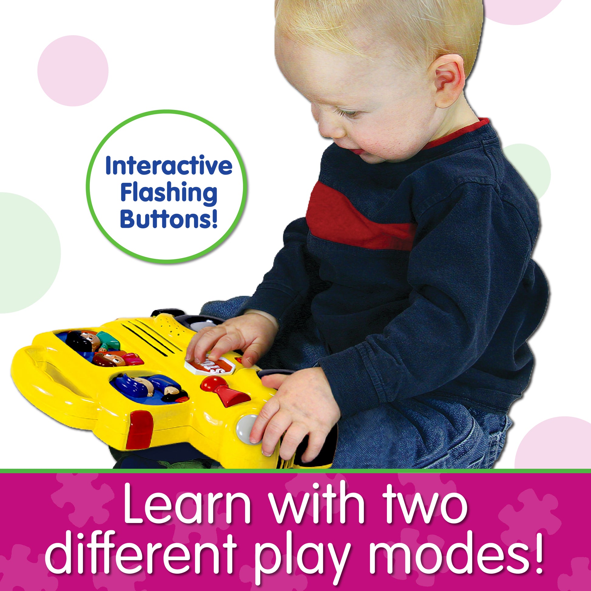 Infographic of young boy playing with Wheels On The Bus that reads, "Learn with two different play modes!"