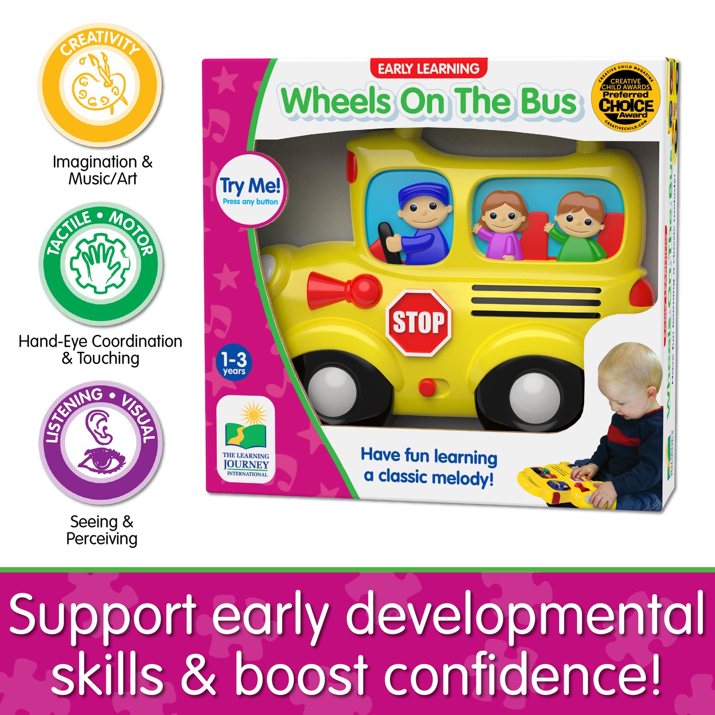 Infographic of Wheels On The Bus's educational benefits that reads, "Support early developmental skills and boost confidence!"