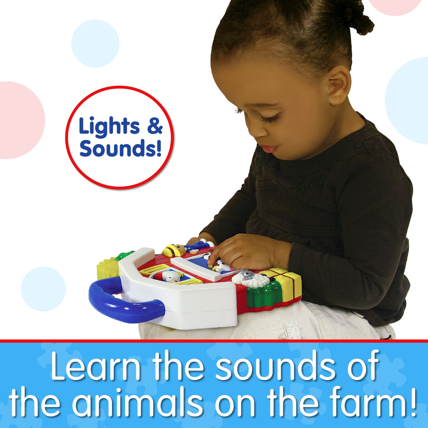 Infographic of young girl playing with Old MacDonald's Farm that reads, "Learn the sounds of the animals on the farm!"