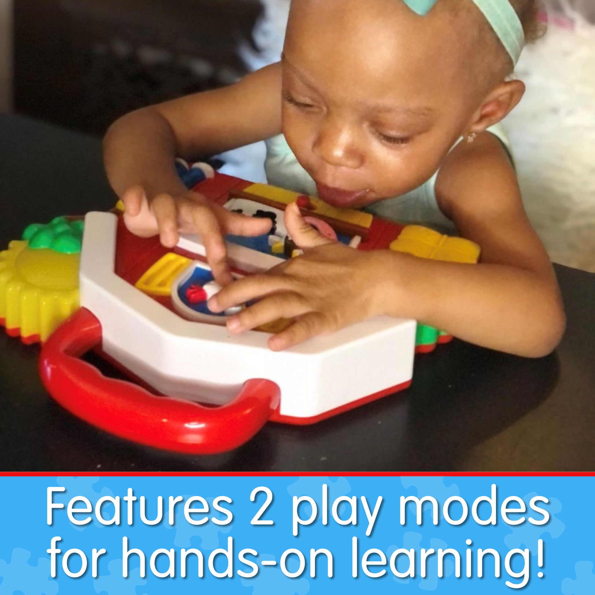 Infographic of young girl playing with Old MacDonald's Farm that reads, "Features 2 play modes for hands-on learning!"