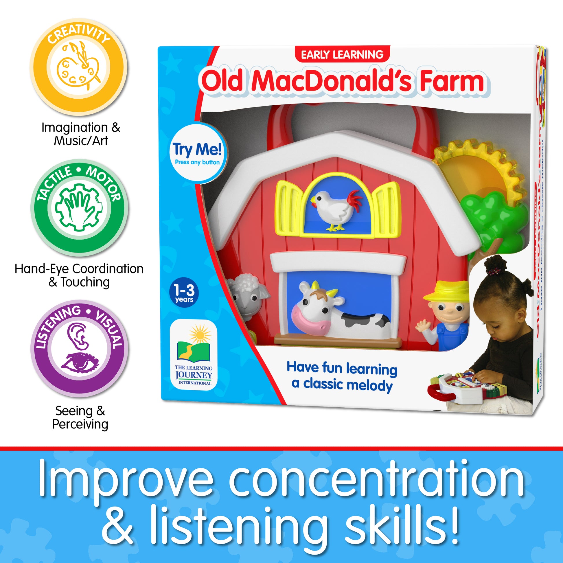 Infographic of Old MacDonald's Farm's educational benefits that reads "Improve concentration and listening skills!