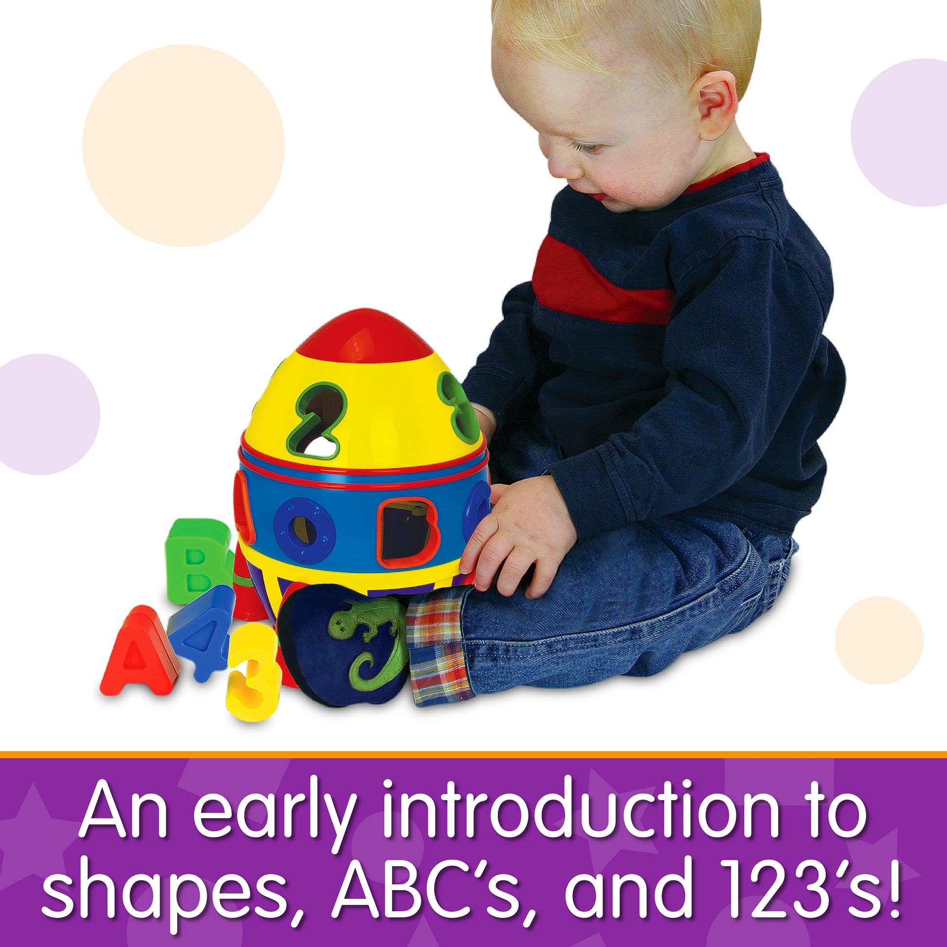 Infographic about Rocket Shape Sorter that says, "An early introduction to shapes, ABC's, and 123's!"