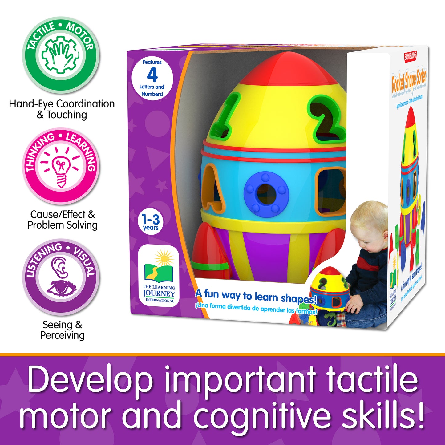 Infographic about Rocket Shape Sorter's educational benefits that says, "Develop important tactile mnotor and cognitive skills!"