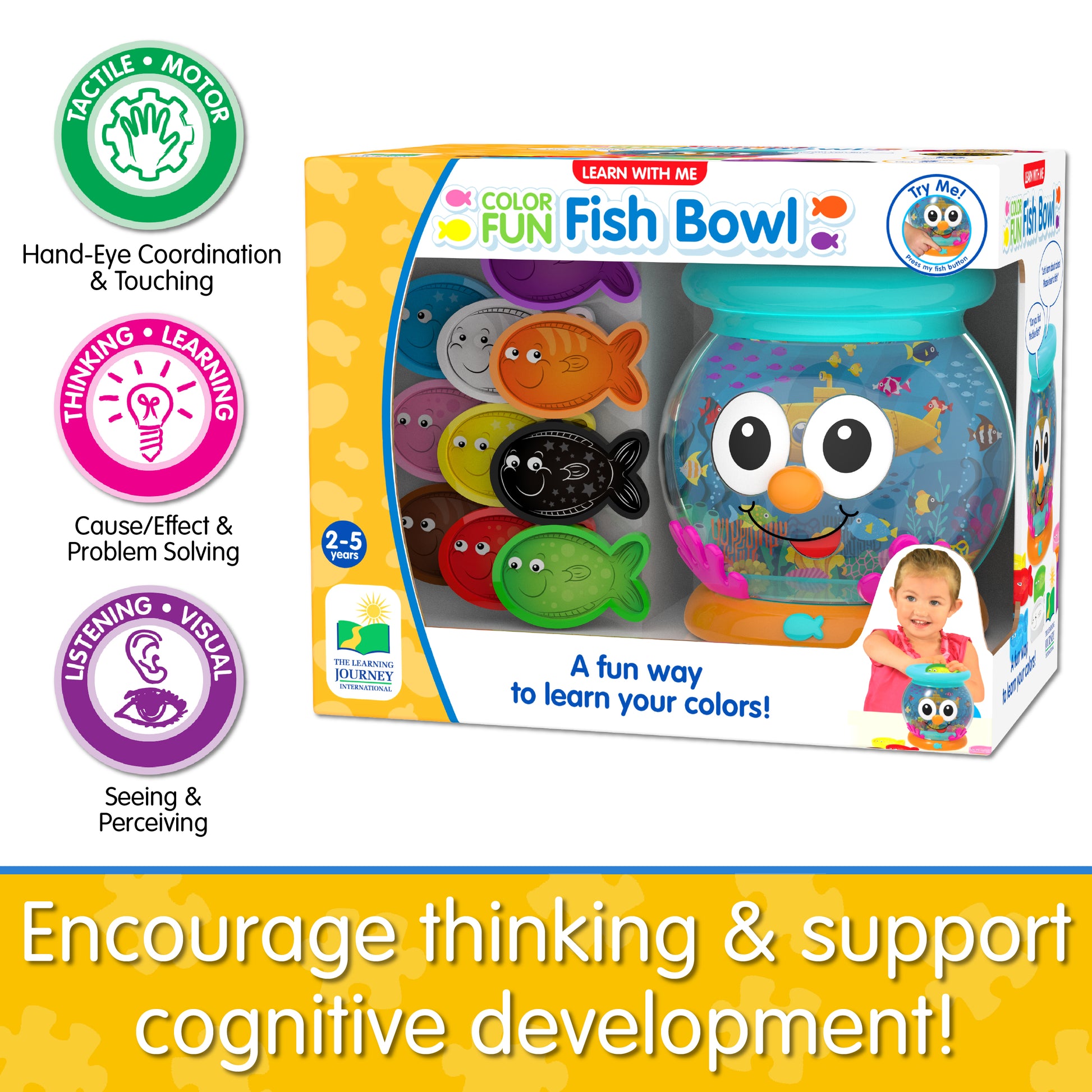 Infographic of Learn With Me Color Fun Fish Bowl's educational benefits that reads "Encourage thinking and support cognitive development!"