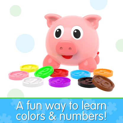 Infographic of Learn With Me Numbers and Colors Pig E Bank that reads, "A fun way to learn colors and numbers!"