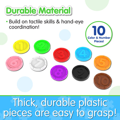 Infographic of Learn With Me Numbers and Colors Pig E Bank pieces that reads, "Thick, durable plastic pieces are easy to grasp!"