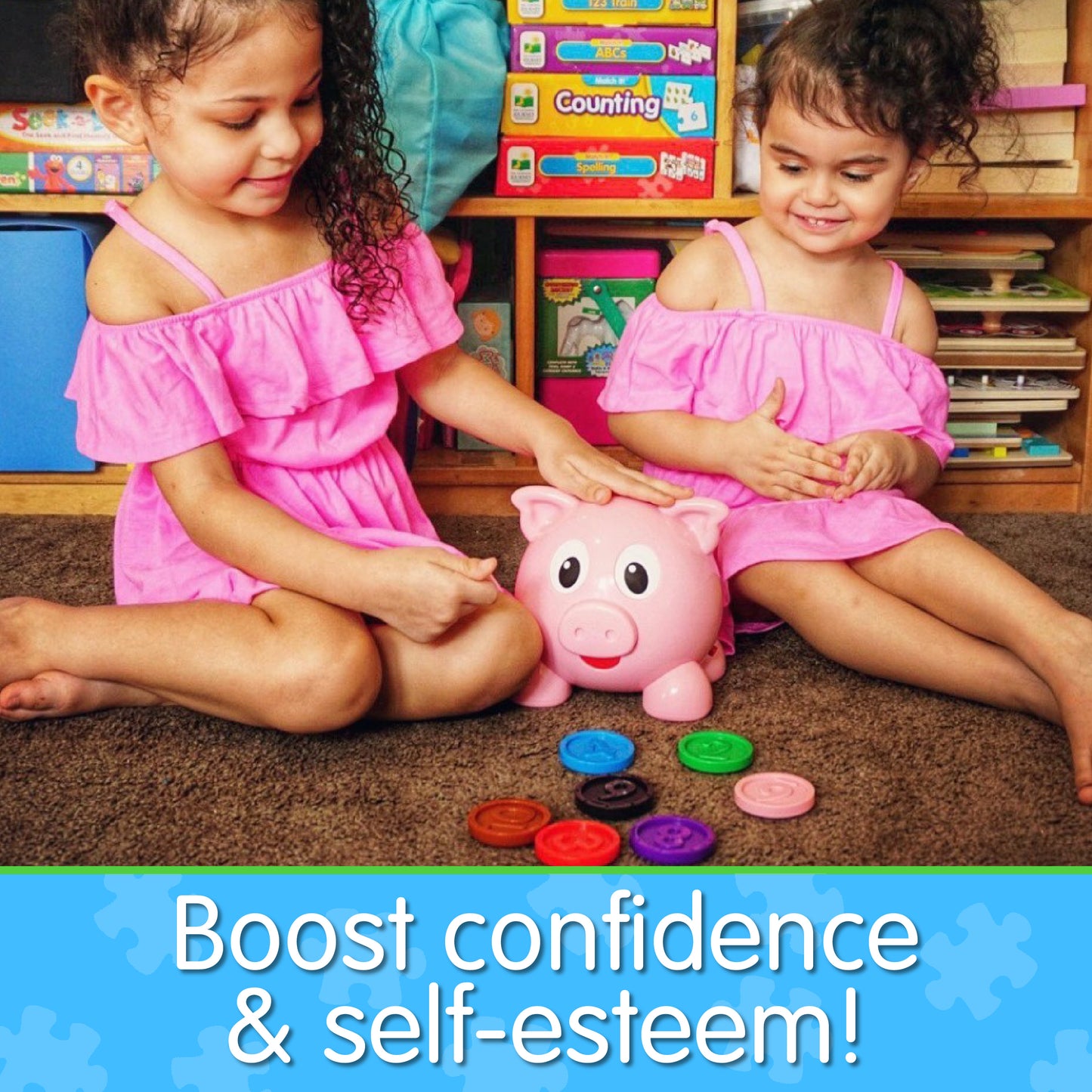 Infographic of two young girls playing with Learn With Me Numbers and Colors Pig E Bank that reads, "Boost confidence and self-esteem!"
