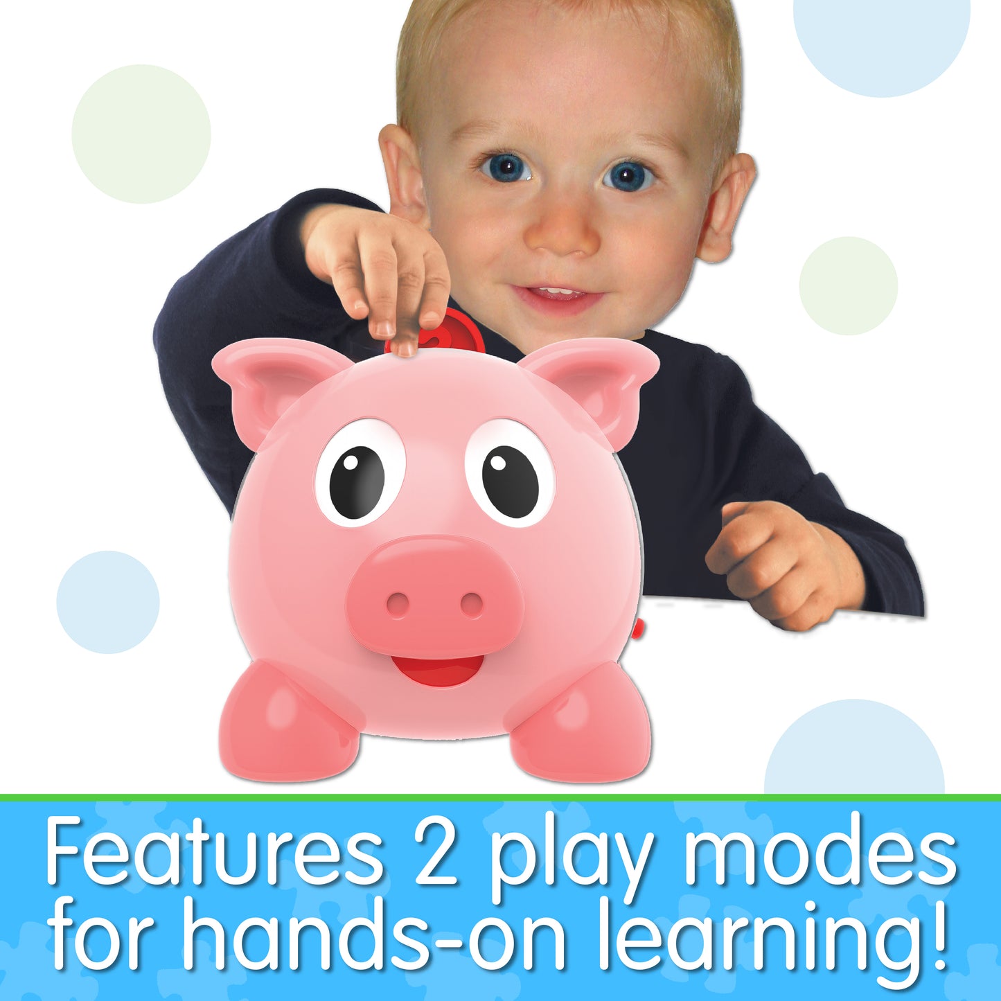 Infographic of young boy playing with Learn With Me Numbers and Colors Pig E Bank that reads, "Features 2 play modes for hands-on learning!"