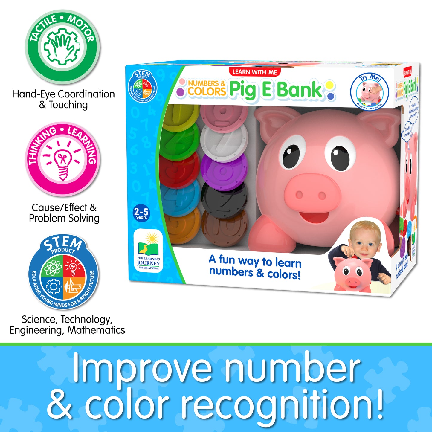 Infographic of Learn With Me Numbers and Colors Pig E Bank's educational benefits that reads, "Improve number and color recognition!"