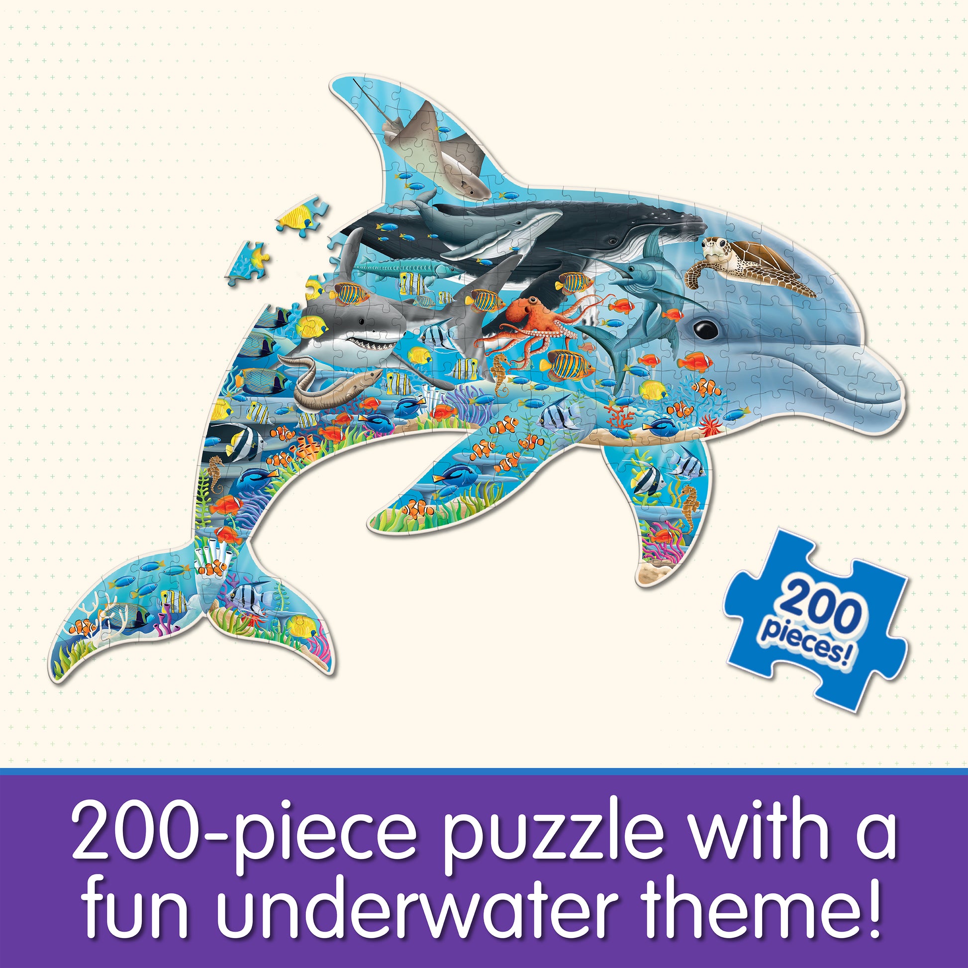 Infographic about Wildlife World Sea Life Puzzle that says, "200-piece puzzle with a fun underwater theme!"