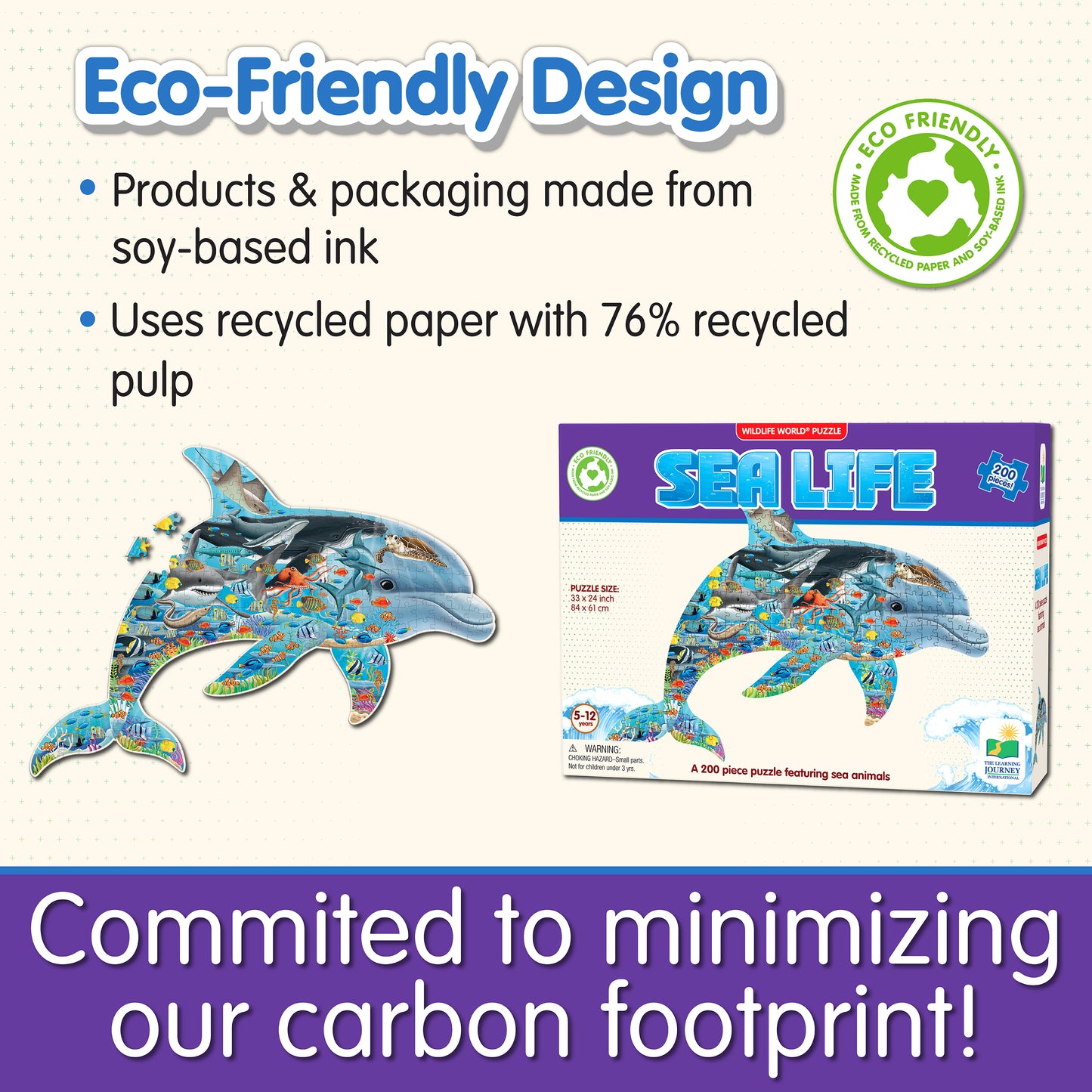 Infographic about Wildlife World Sea Life Puzzle's eco-friendly design that says, "Committed to minimizing our carbon footprint!"