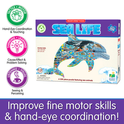 Infographic about Wildlife World Sea Life Puzzle's educational benefits that says, "Improve fine motor skills and hand-eye coordination!"