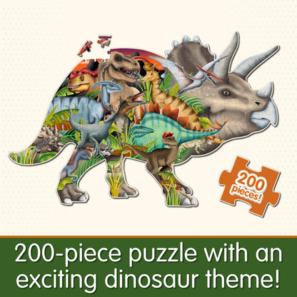 Infographic about Wildlife World Dinosaur Puzzle that says, "200-piece puzzle with an exciting dinosaur theme!"
