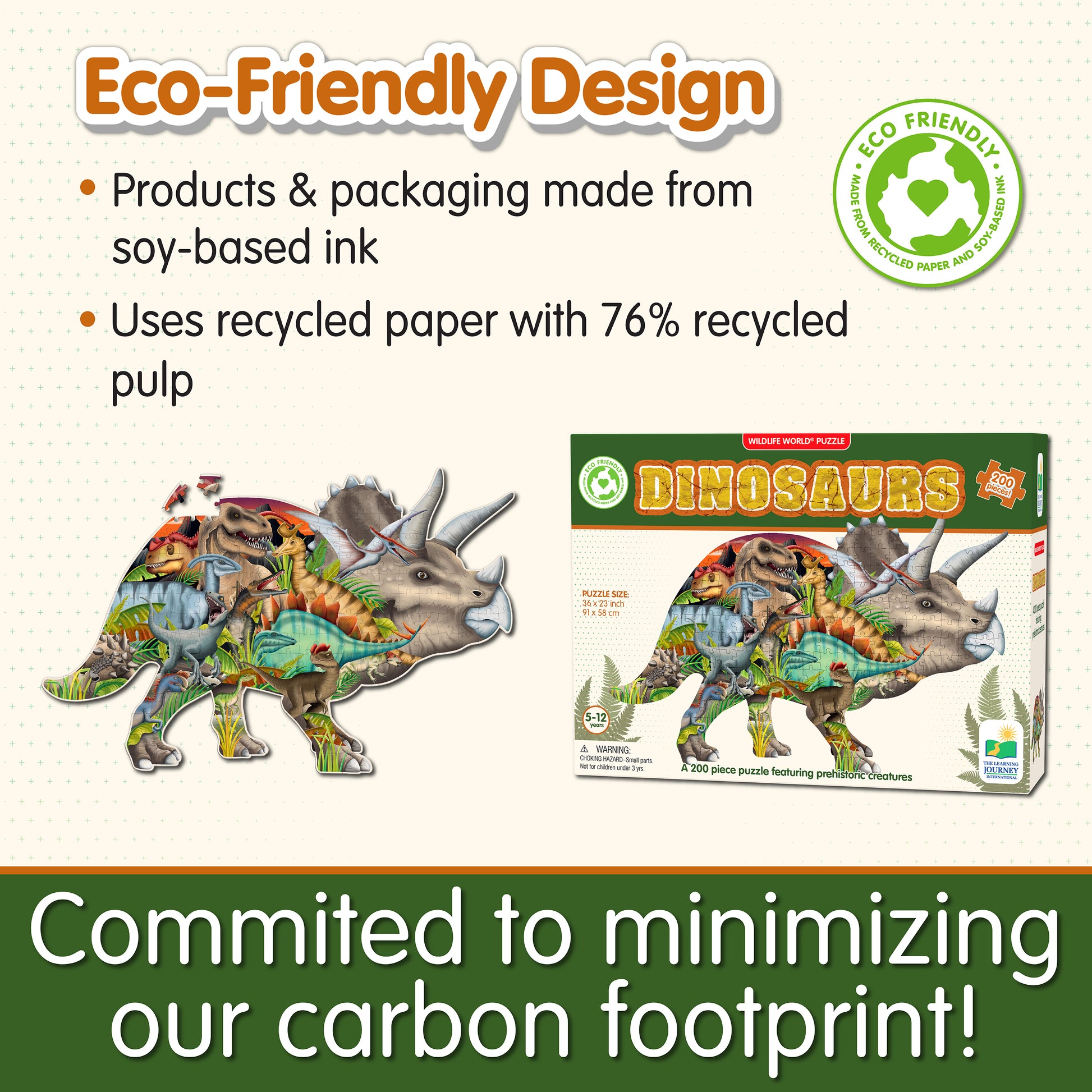Infographic about Wildlife World Dinosaur Puzzle's eco-friendly design that says, "Committed to minimizing our carbon footprint!"
