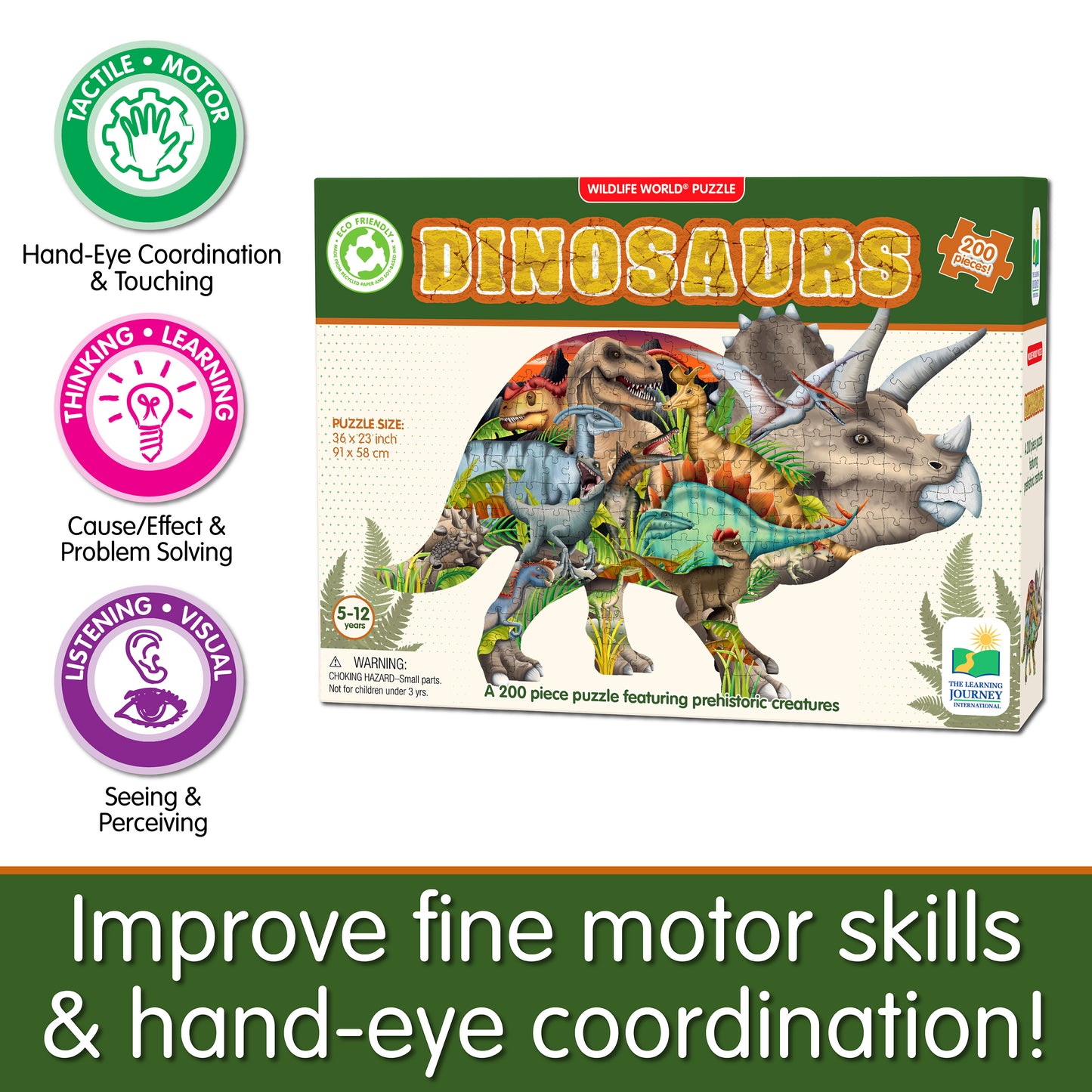 Infographic about Wildlife World Dinosaur Puzzle's educational benefits that says, "Improve fine motor skills and hand-eye coordination!"